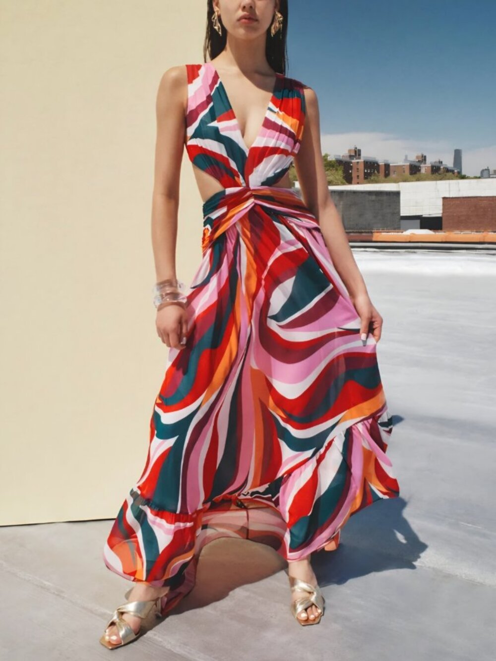 PatBO Abstract Tropical Cut-Out Tiered Maxi Dress Size 8